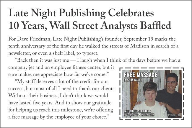 Late Night Publishing Celebrates 10 Years, Wall Street Analysts Baffled